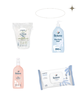 Offre liquidation Pack biolane must have ( eau pure 350 ml + lingette +eau de toilette rose 200 ml + liniderm sachet de 180 pads )